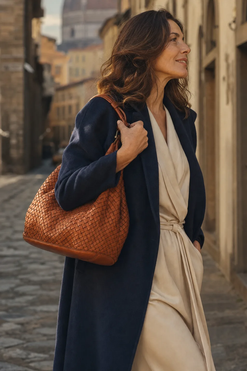 Italian woman carrying hand-woven caramel leather bag by Riva Firenze, Florentine street with Duomo in background