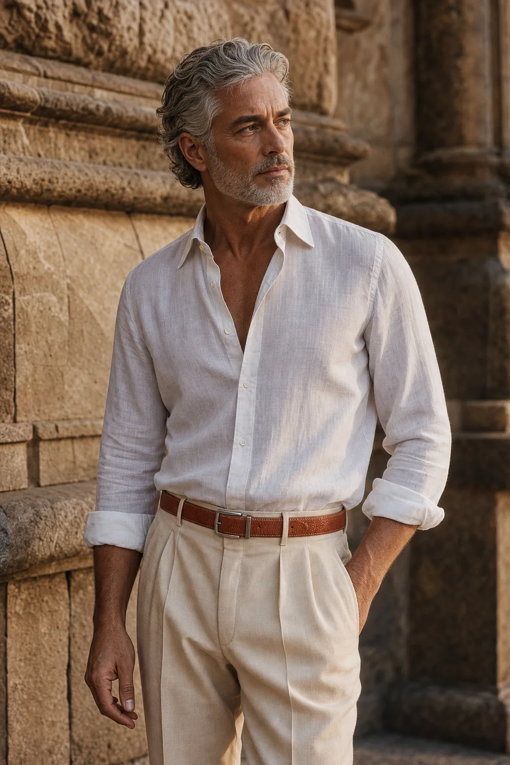Elegant Italian man wearing full-grain leather belt by Riva Firenze, golden hour in Florence