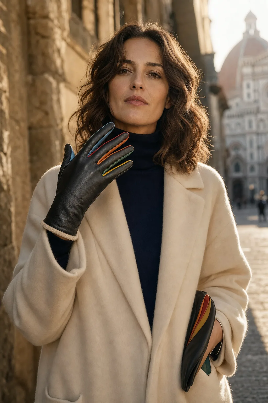 Italian woman in Florence wearing black nappa Riva Firenze gloves with colorful finger gussets, Duomo in background