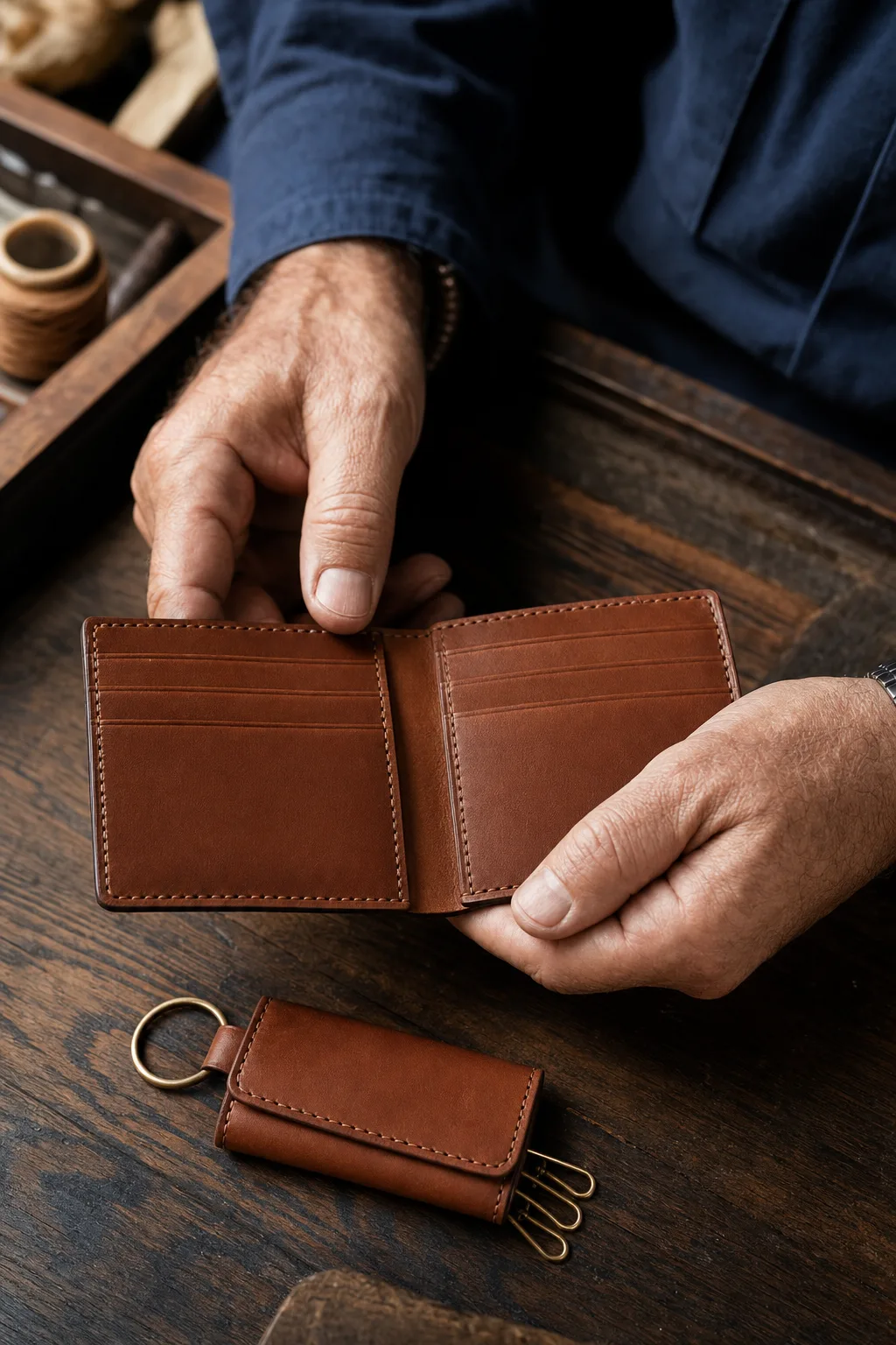 Male hands opening cognac leather bifold wallet by Riva Firenze with key holder on artisan workbench
